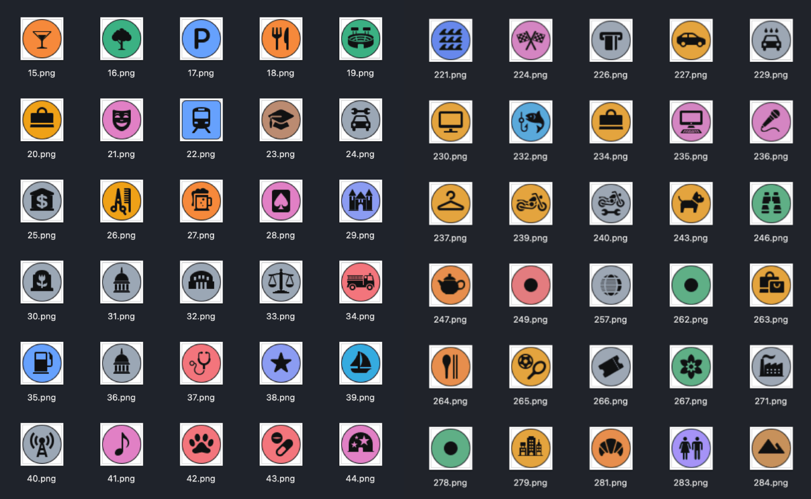 A lot of Apple Maps POI icons extracted as PNGs