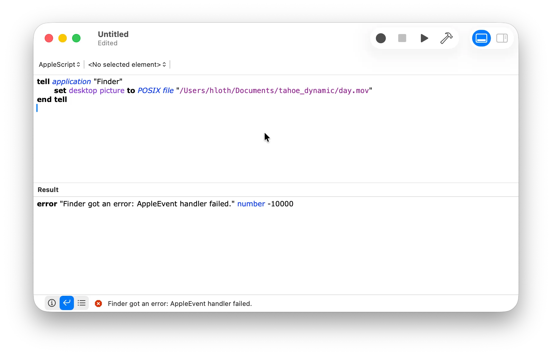 Script Editor app screenshot with AppleScript code