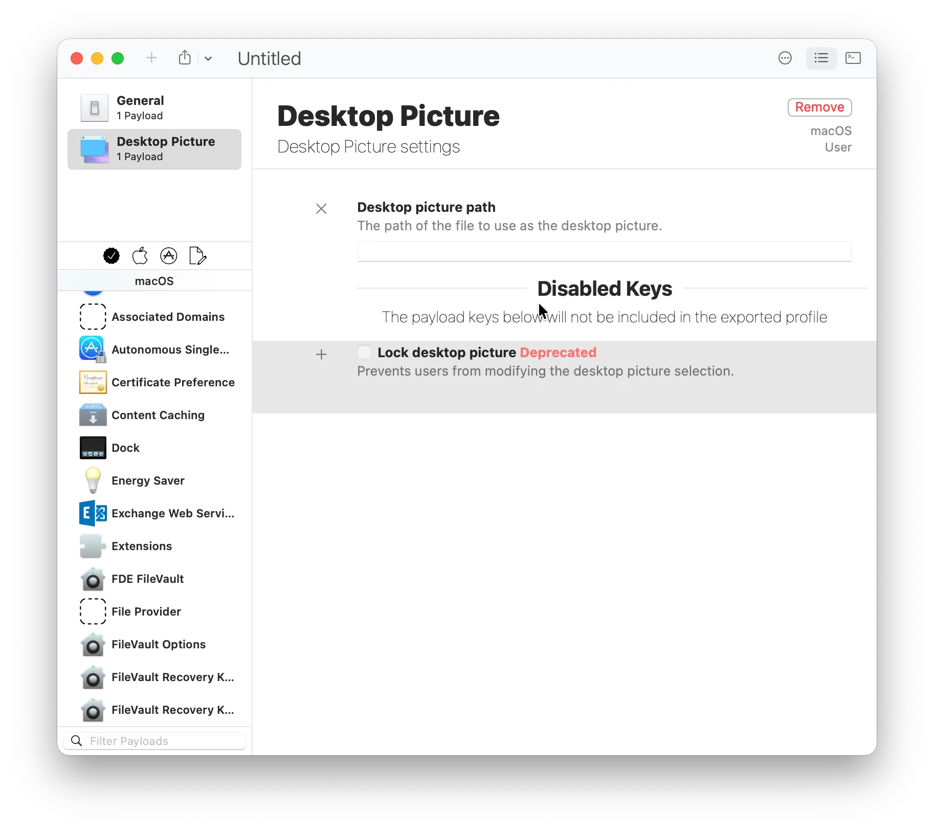 ProfileCreator screenshot with "Desktop Picture" payload and "Desktop picture path" input field