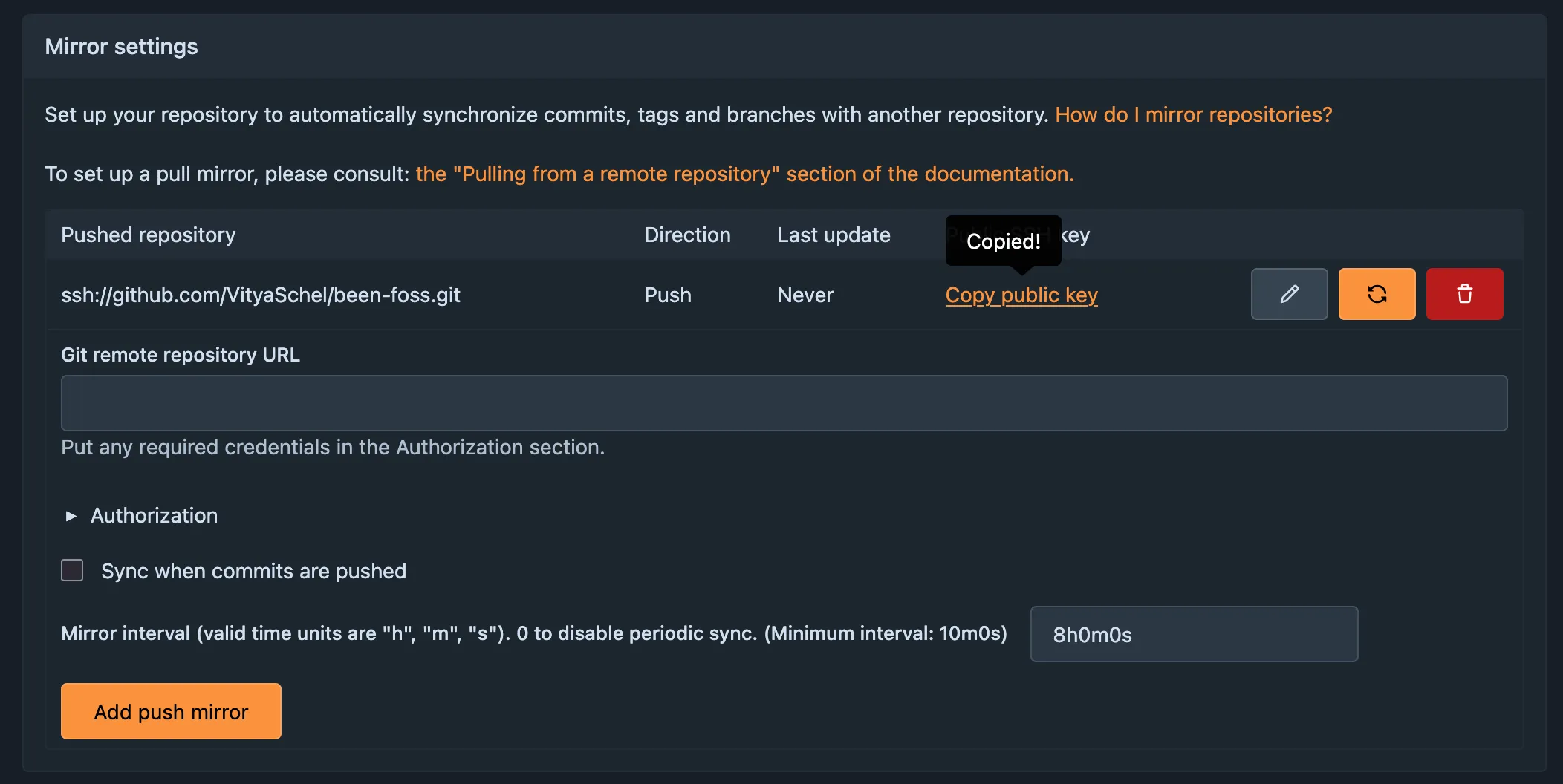 Forgejo "Mirror settings" options with "Copy public key" button highlighted