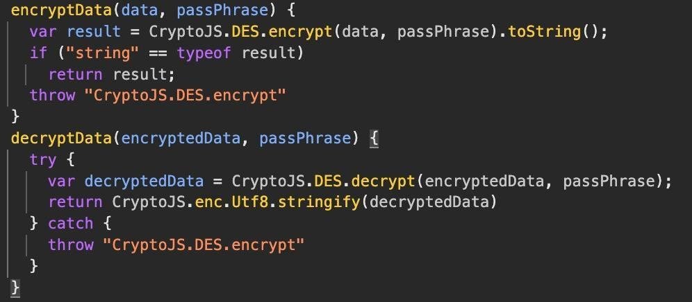 Скриншот исходного кода сайта с функциями encryptData и decryptData с использованием библиотеки CryptoJS и алгоритма DES