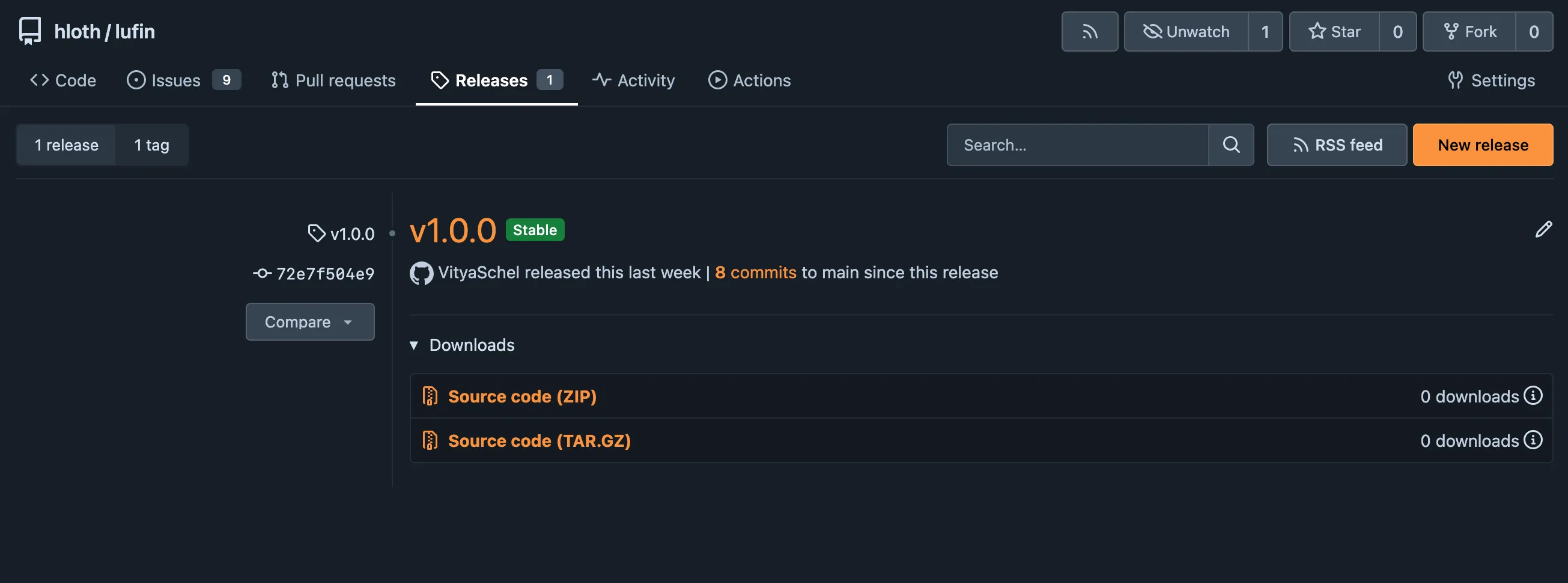 Screenshot of releases page in hloth/lufin repository