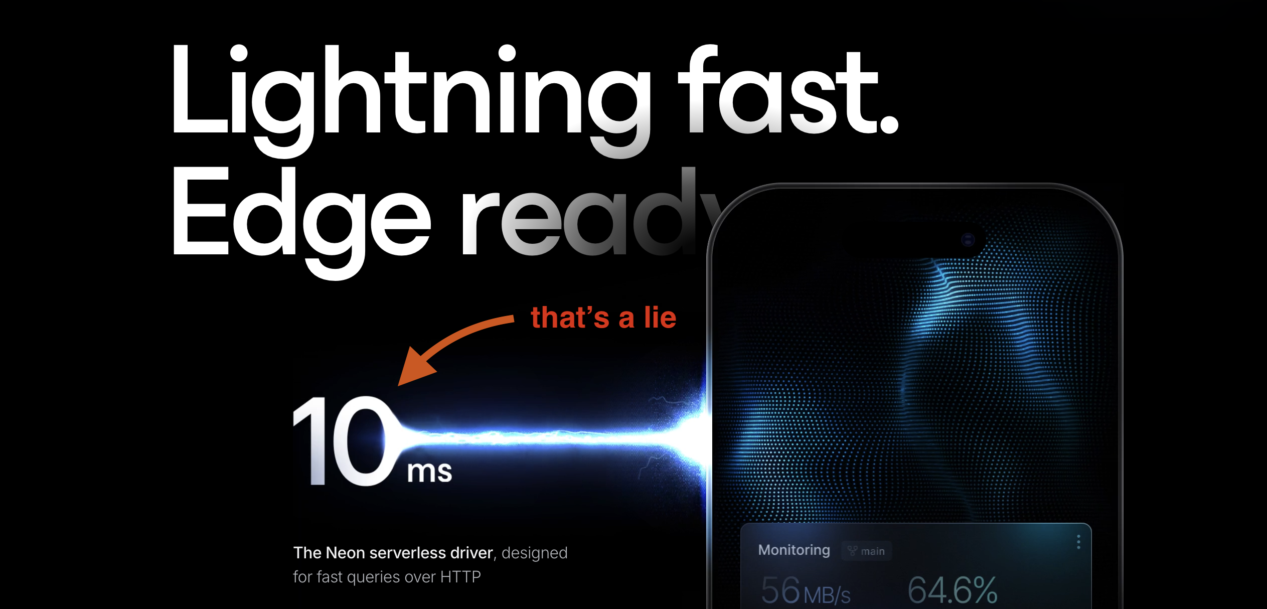 Neon.tech landing page with the title "Lightning fast. Edge ready / 10 ms" with an arrow pointing to "10 ms" saying "that's a lie"