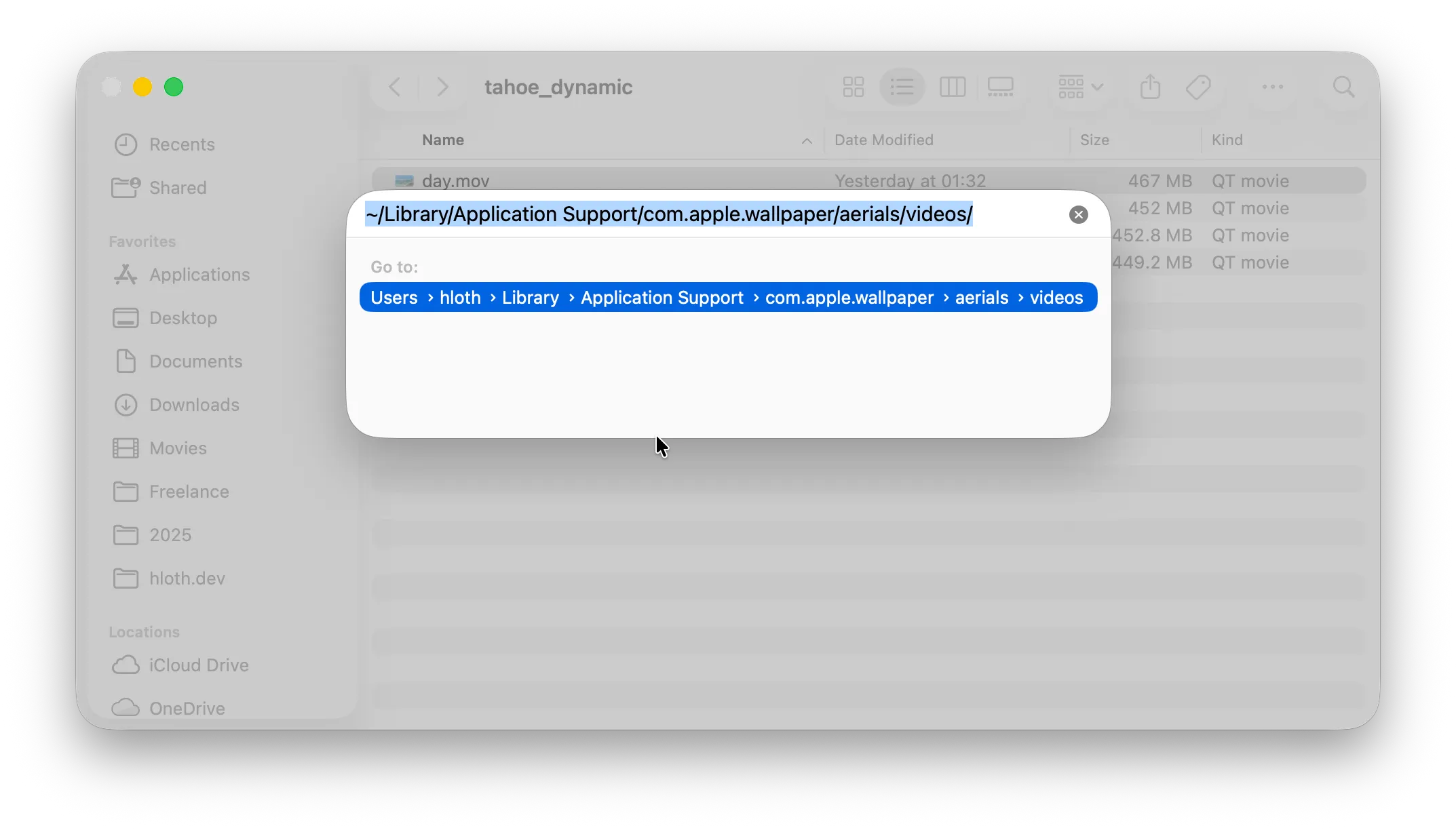 Finder app with "Go to" dialog open