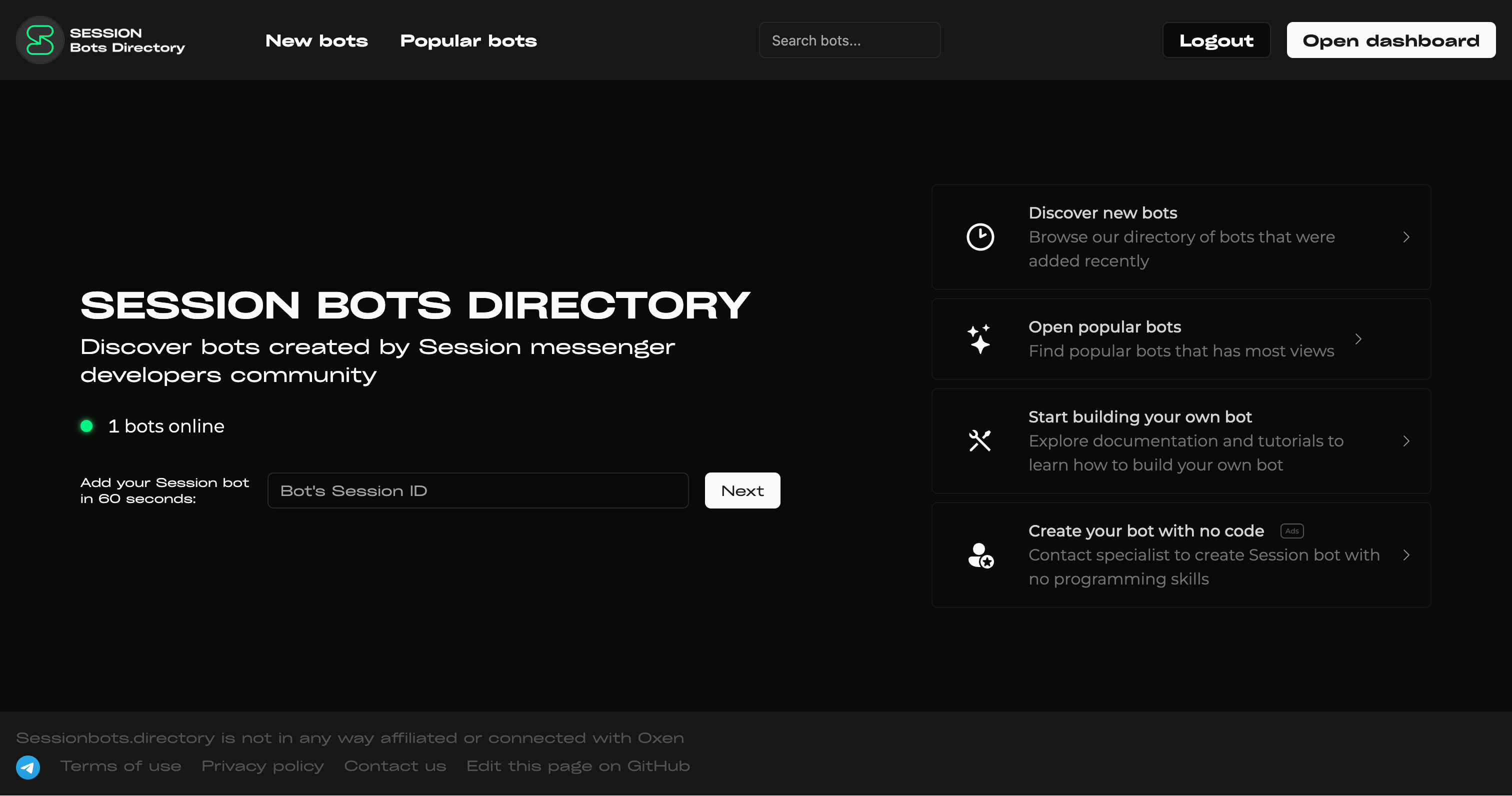 Скриншот страницы сайта Session Bots Directory