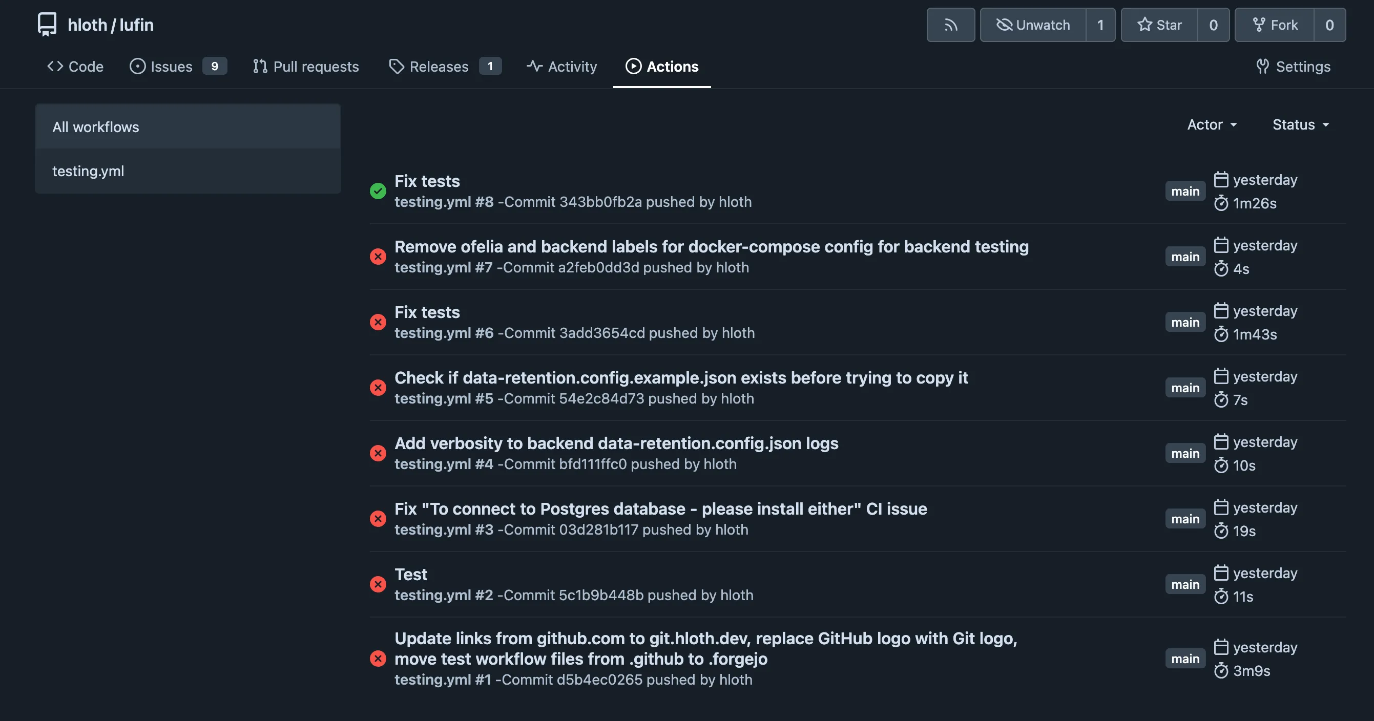 hloth/lufin repository, Actions tab with 7 failed jobs and one final successfull