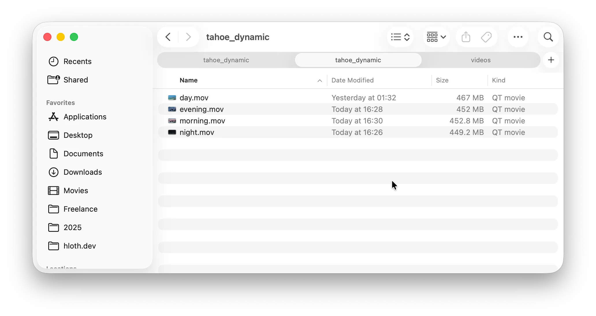 List of files in macOS finder displaying four Tahoe wallpaper videos