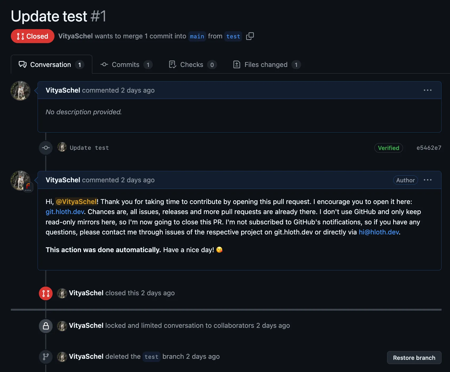 Screenshot of GitHub pull request with me asking to open it on git.hloth.dev instead