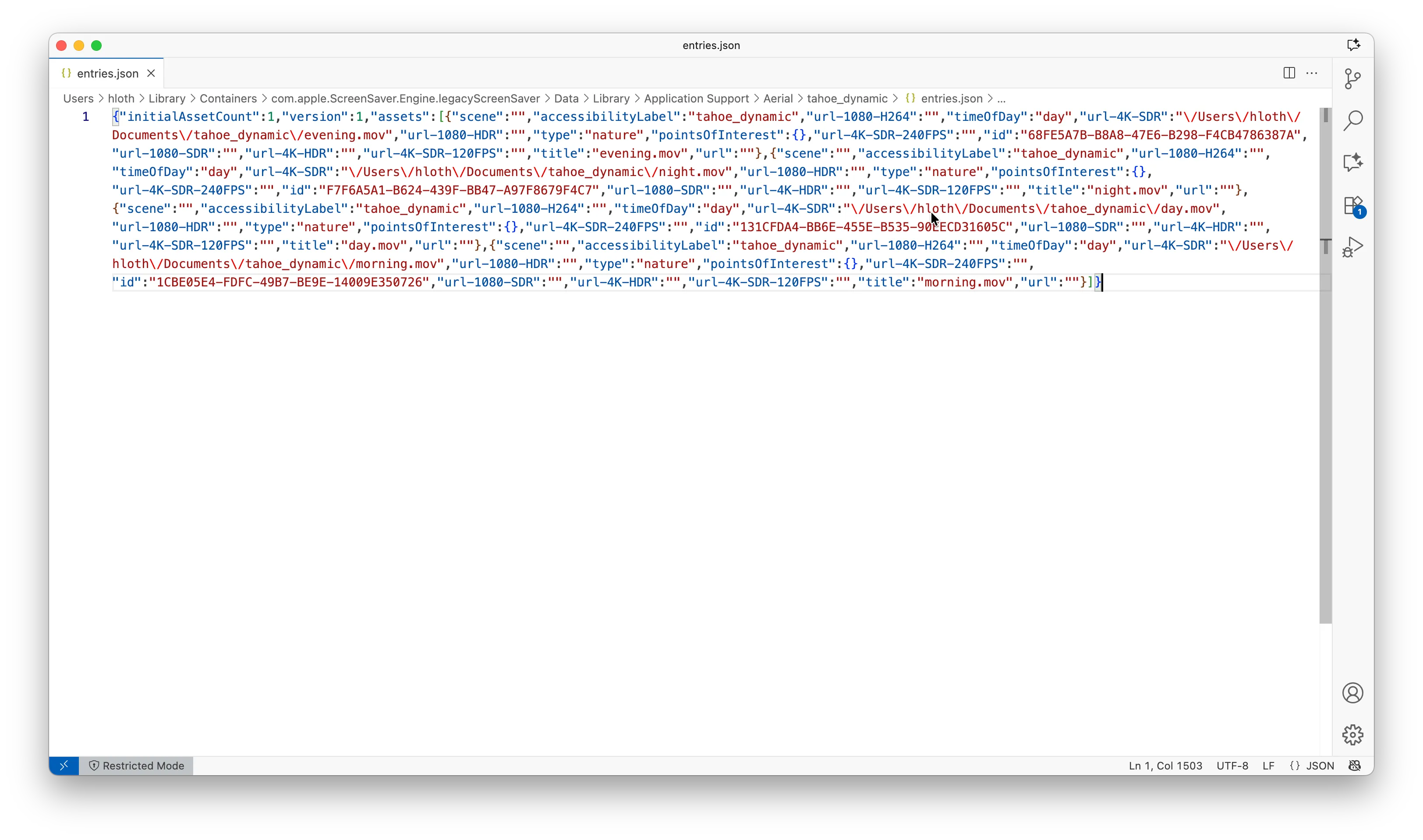 JSON settings in "entries.json" file