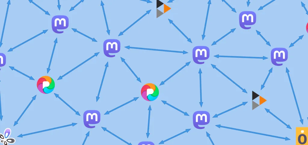 Diagram showing Mastodon logos connected with arrows