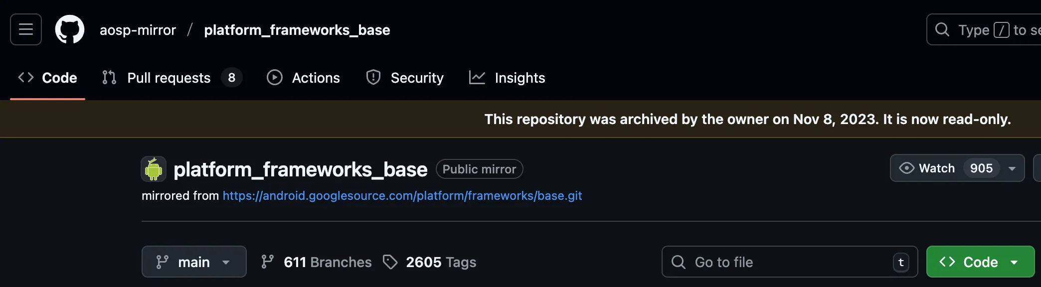 Screenshot of aosp-mirror/platform_frameworks_base repository on GitHub with text "mirrored from &lt;...&gt;"