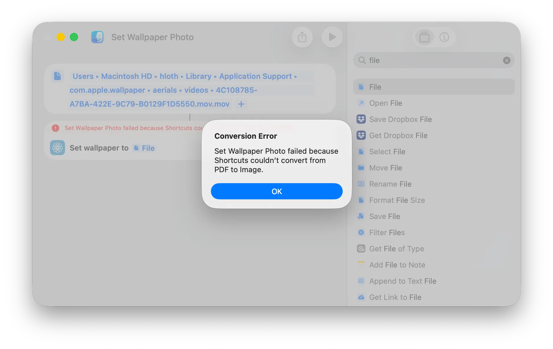 Shortcut error "Set Wallpaper Photo failed because Shortcuts couldn't convert from PDF to Image"