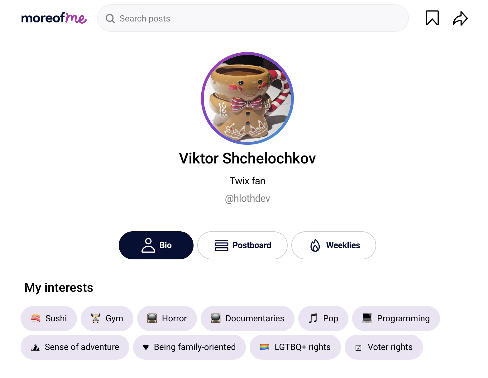 Screenshot of moreof.me with profile and caption "Viktor Shchelochkov / Twix fan / @hlothdev" and labels "My interests: Sushi, Gym, Horror, Documentaries, Pop, Programming, Sense of adventure, Being family-oriented, LGBTQ+ rights, Voter rights"