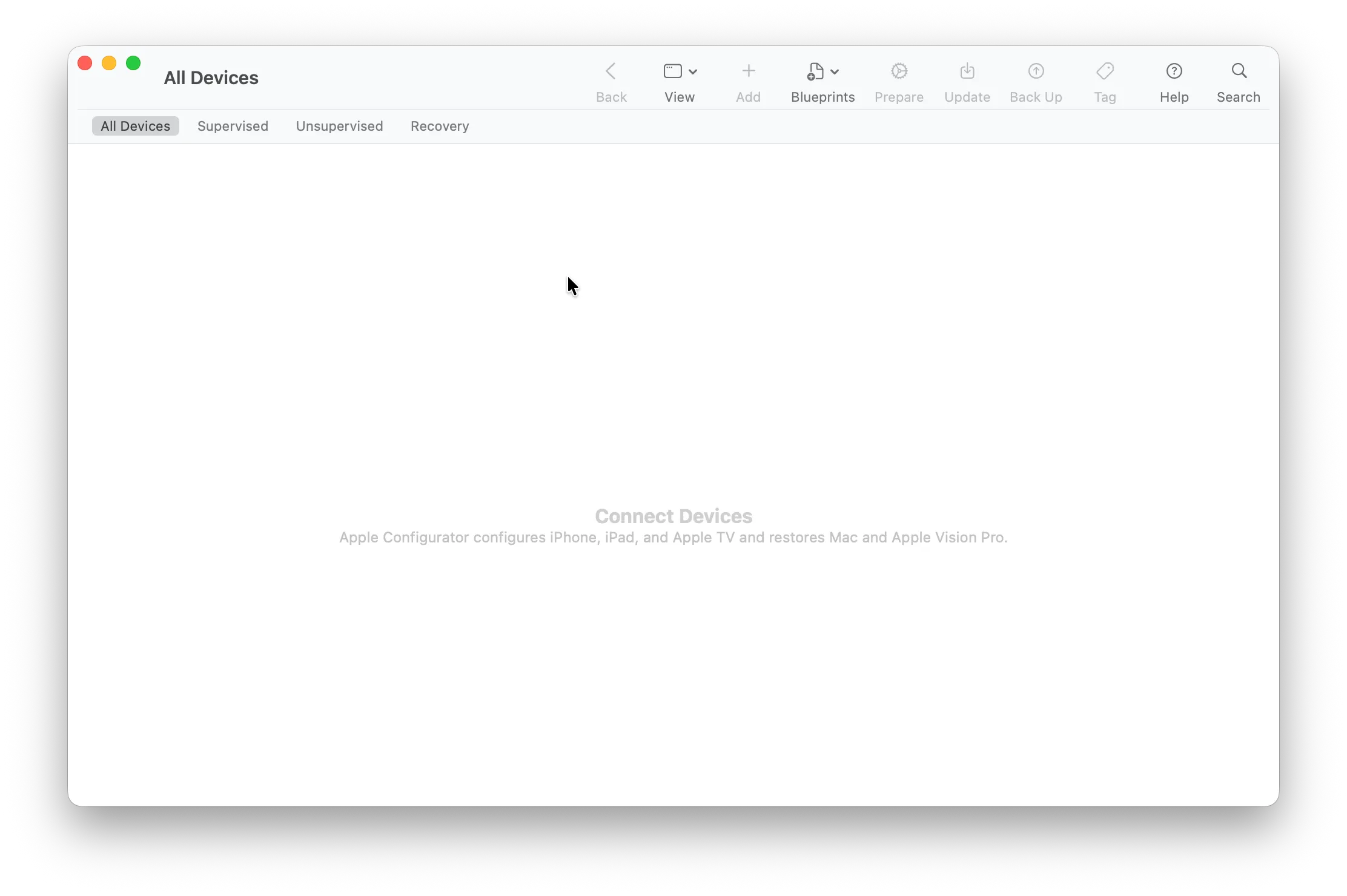 Apple Configurator screenshot with no information about creating profile for Mac