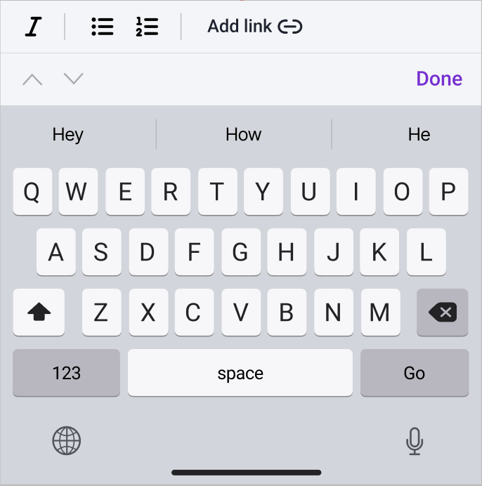 iOS keyboard with the rich formatting toolbar attached to top of it