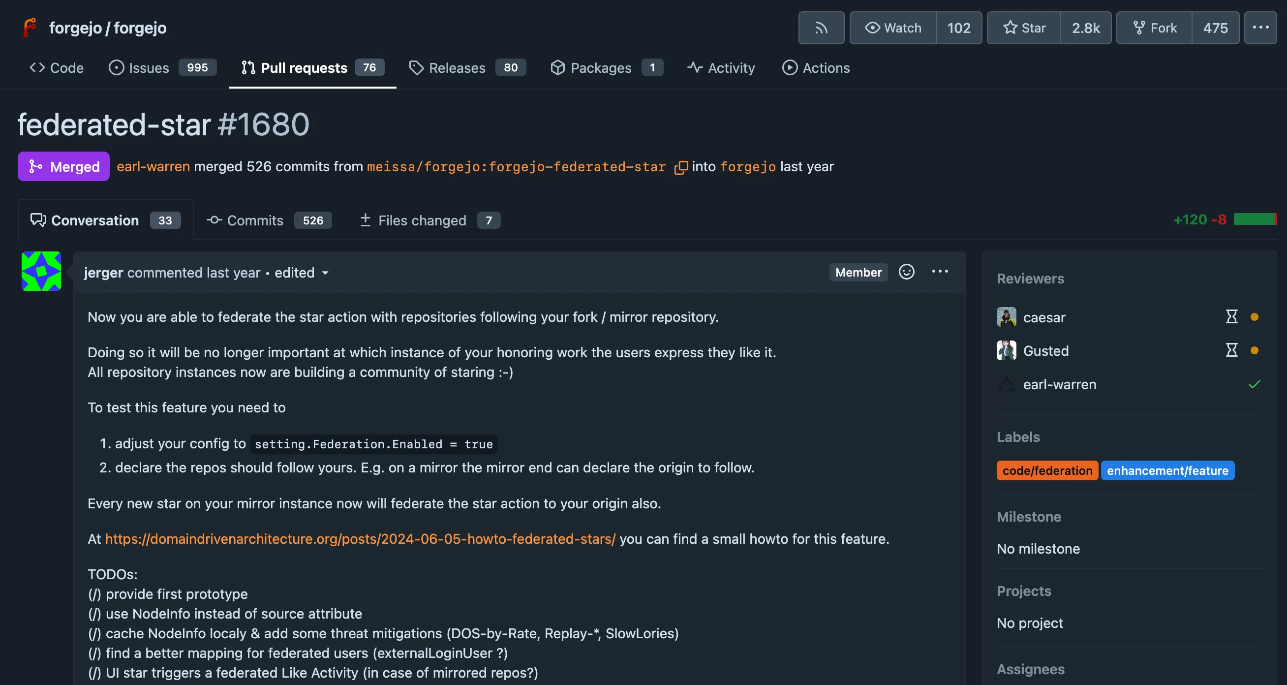 Screenshot of issue "federated-star" in forgejo/forgejo repository