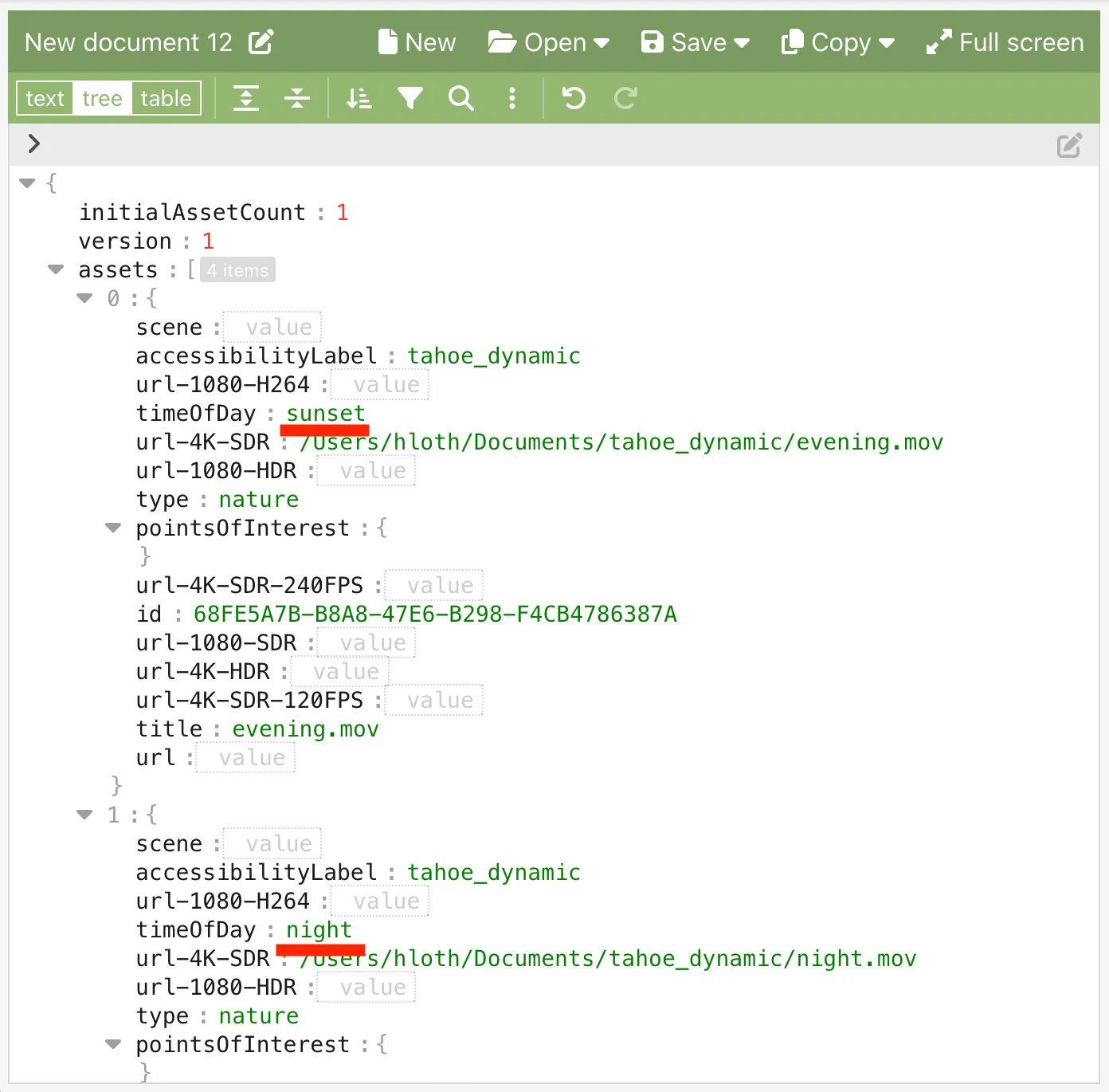 JSON Editor Online screenshot highlighting timeOfDay values in four objects representing different video wallpapers