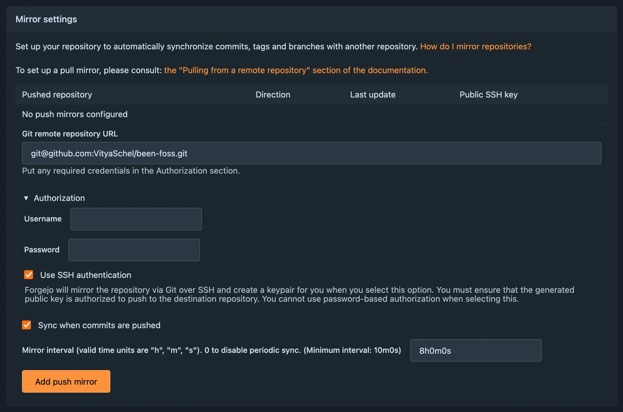 Forgejo "Mirror settings" options with "Use SSH authentication" and "Sync when commits are pushed" checkboxes checked