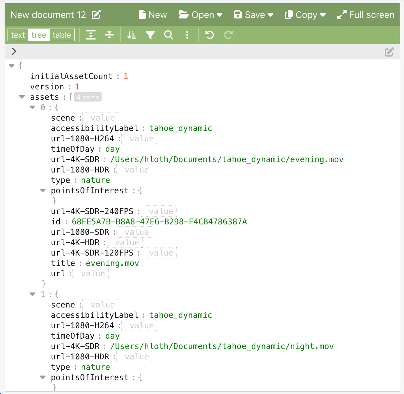 JSON Editor Online screenshot showing formatted structure of entries.json