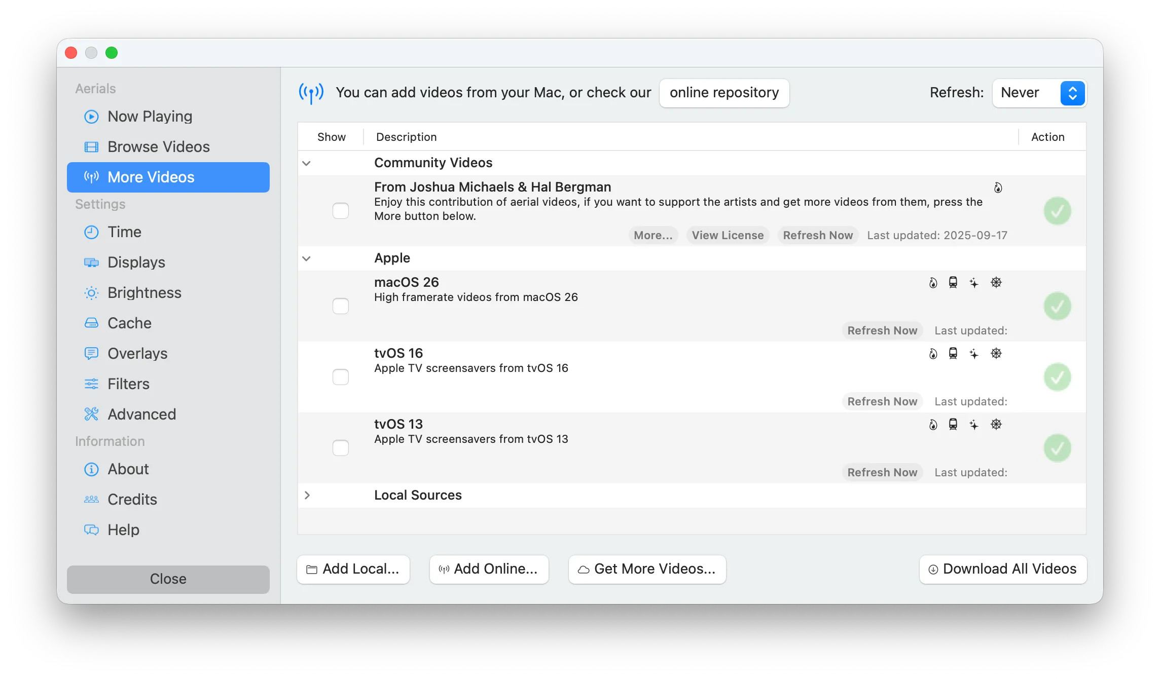 Aerial settings screenshot with "More Videos" section selected