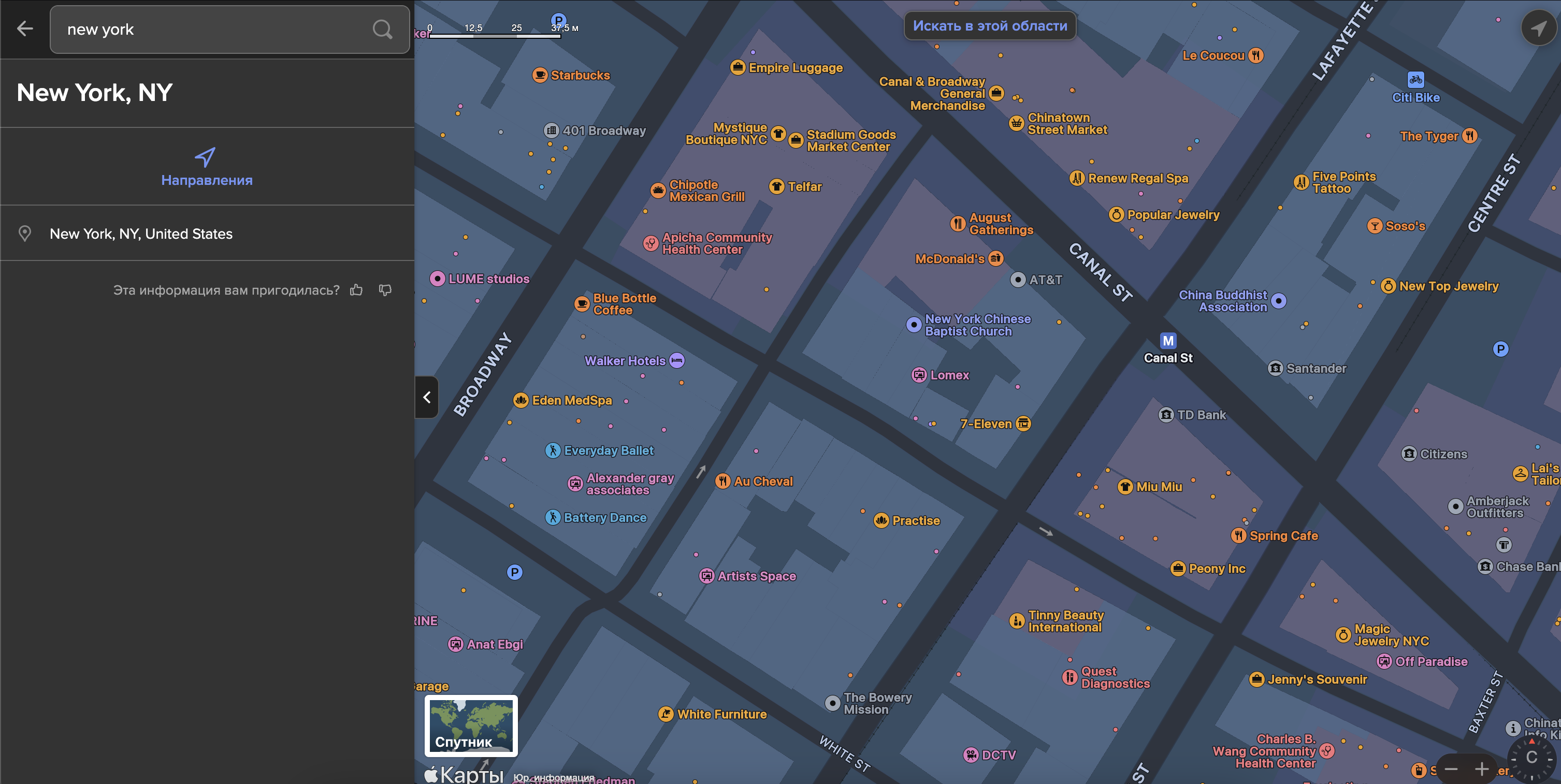 Apple Maps embedded into DuckDuckGo search showing "New York, NY"