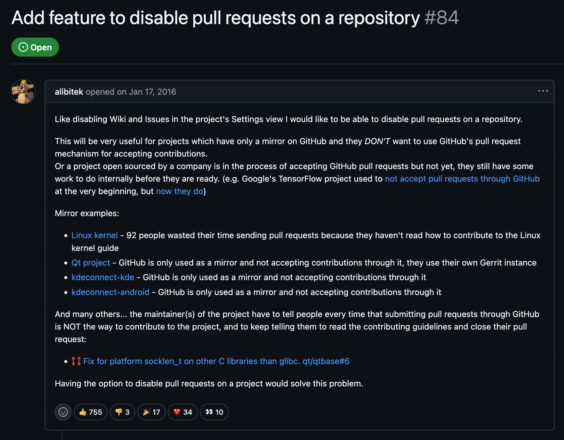 "Add feature to disable pull requests on a repository". 755&nbsp;👍 reactions