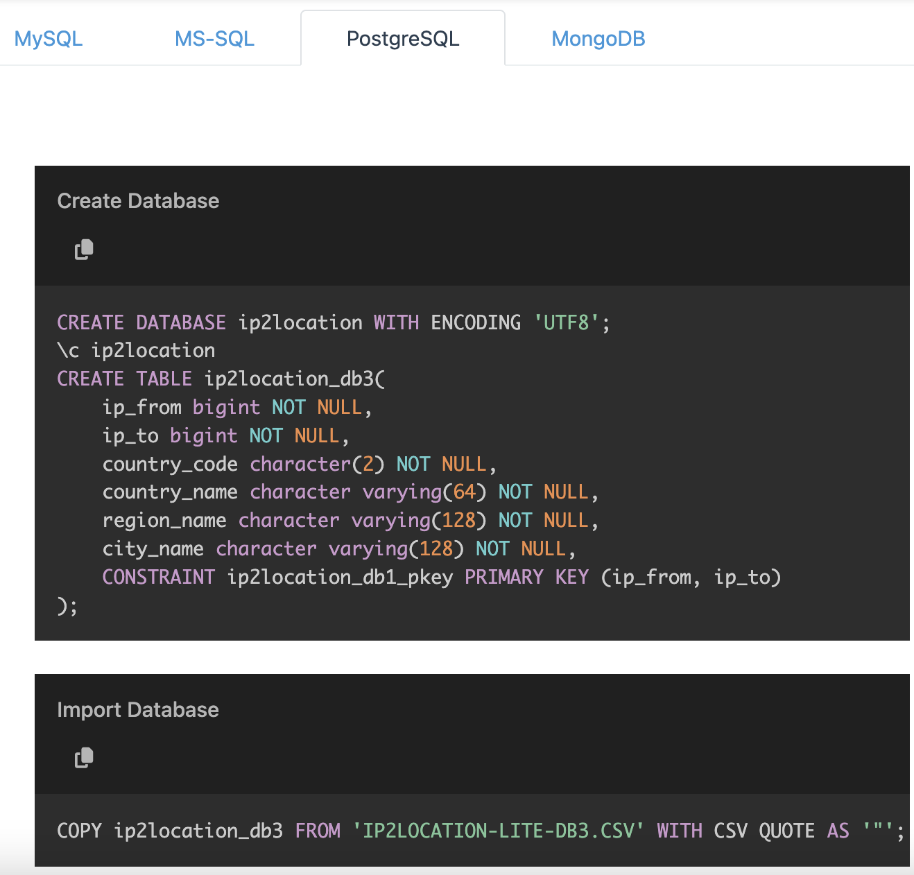 Screenshot of ip2location website displaying snippet of code showing how to setup database for their geolocation data