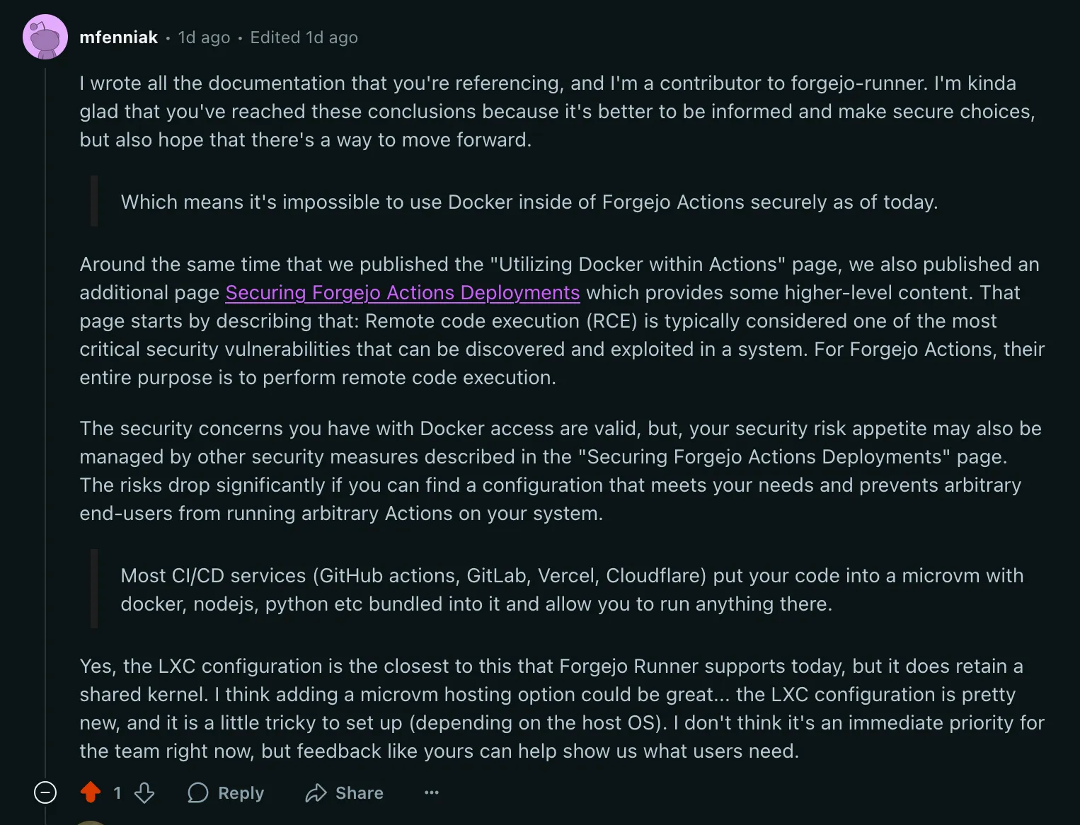 Comment by mfenniak about Forgejo Actions security