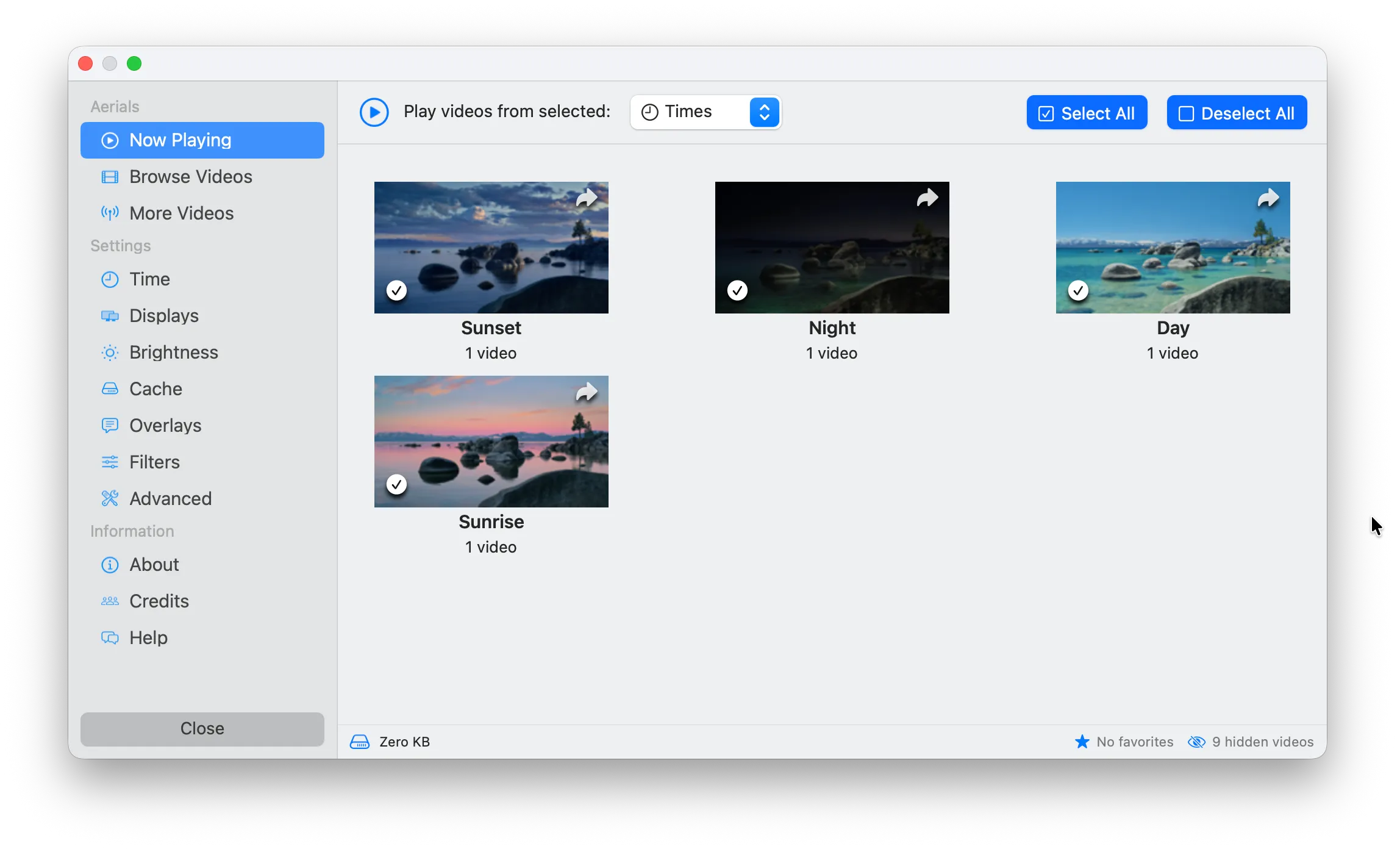 Aerial settings screenshot with "Now Playing" section selected