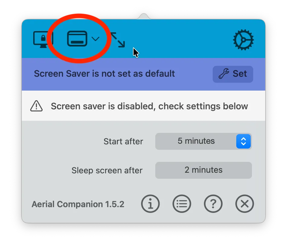 Aerial mini menu screenshot highlighting the "dock" icon button