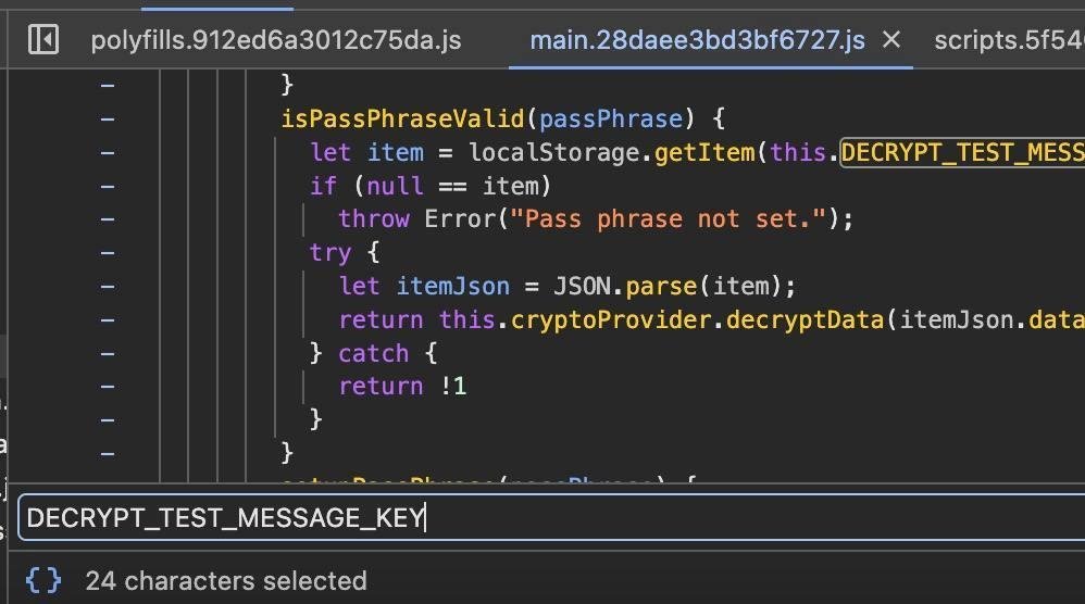Скриншот исходного кода сайта zp.midpass.ru, где я ищу "DECRYPT_TEST_MESSAGE_KEY"