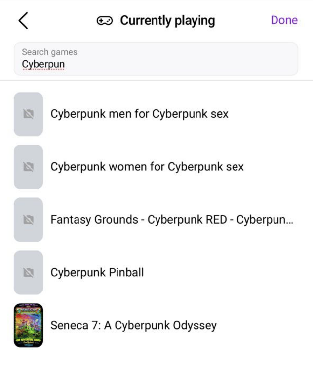 List of search results for "Cyberpun" query, showing "Cyberpunk men for Cyberpunk sex", "Cyberpunk women for Cyberpunk sex" and "Cyberpunk Pinball" among the first results with no "Cyberpunk 2077" in them