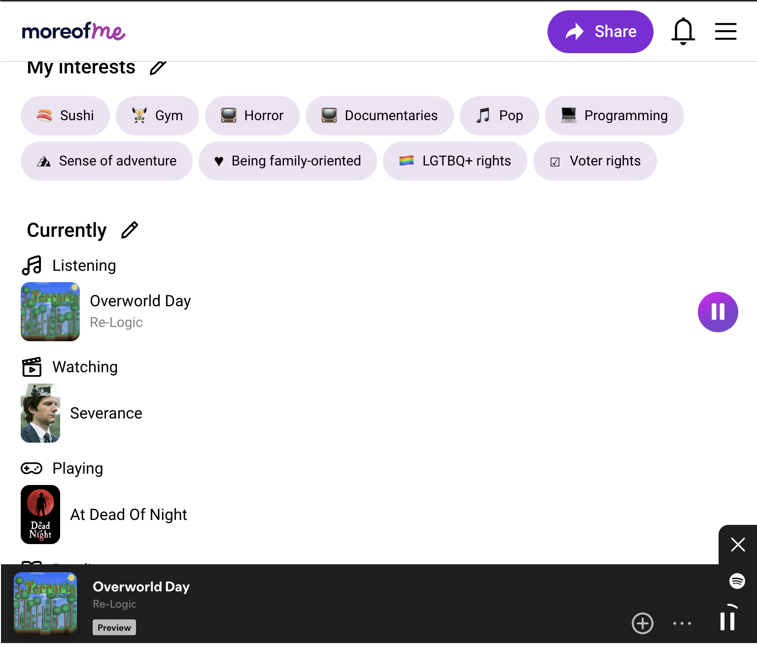 In-app moreof.me song player using Spotify embed widget