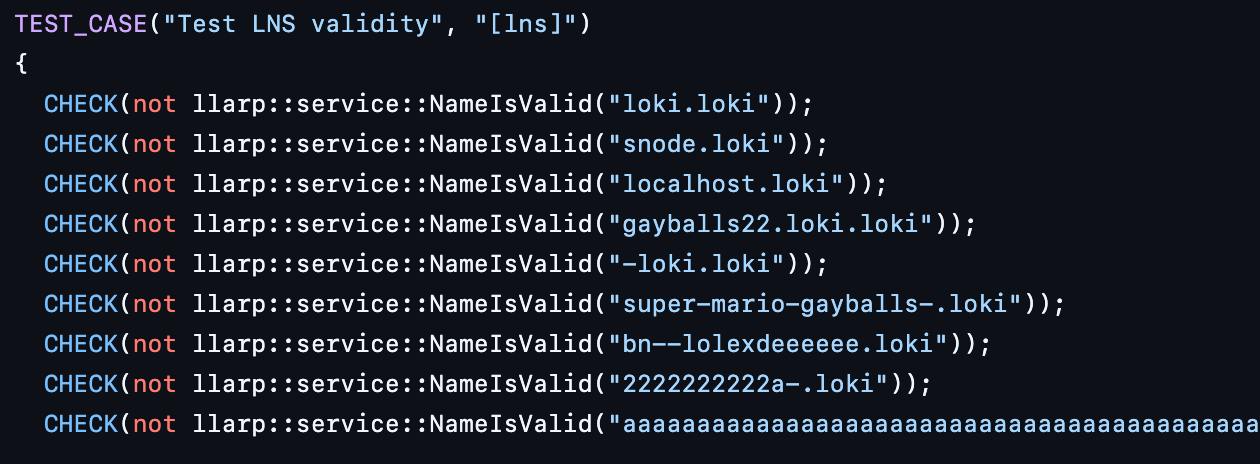 Много интересных проверок в тестировании программы Lokinet, среди прочих "gayballs22.loki.loki", "super-mario-gayballs-.loki", "bn-lolexdeeeeeeee.loki"