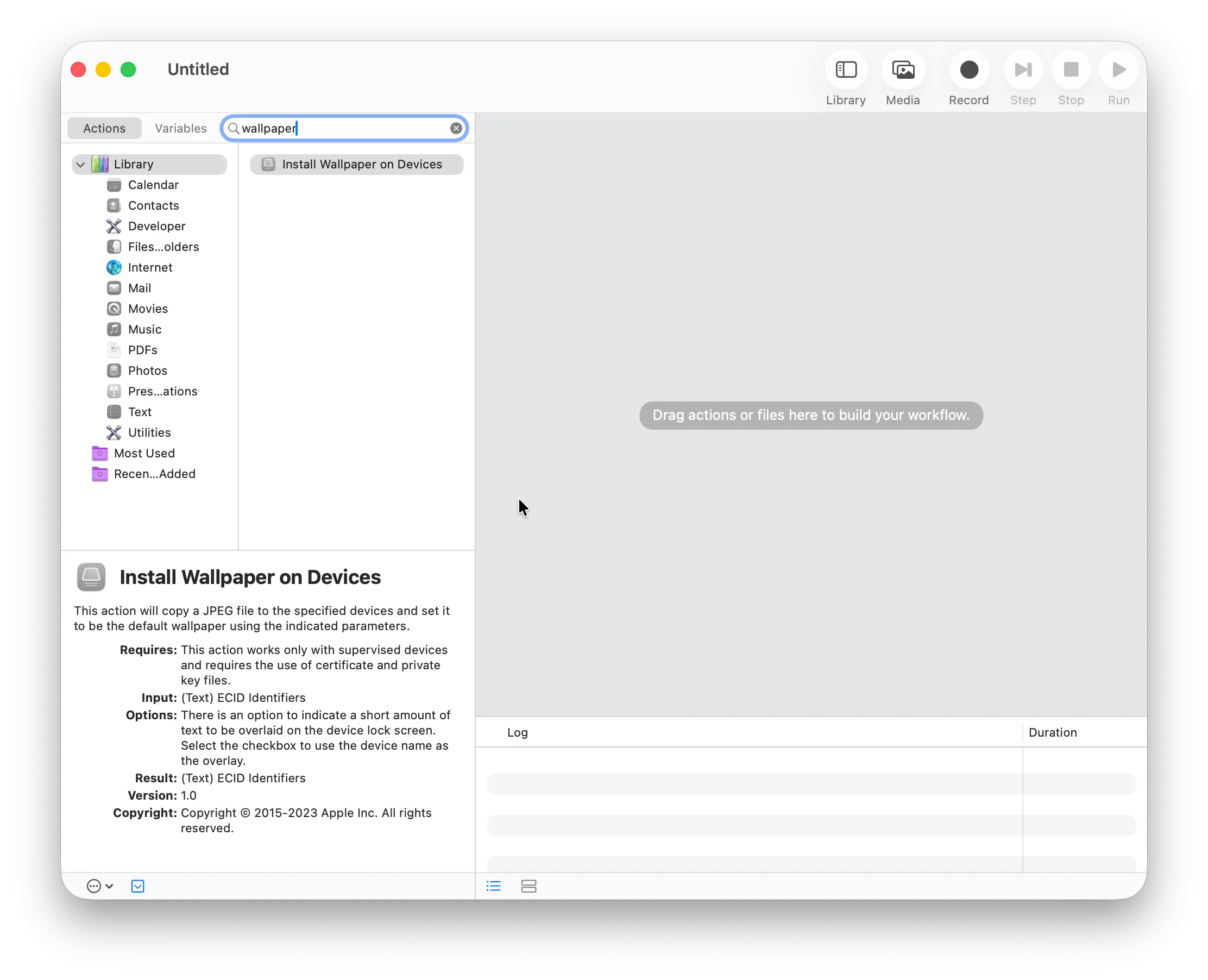 Automator app with empty search results for "wallpaper" aside from the "Install Wallpaper on Devices" action which only works for supervised devices