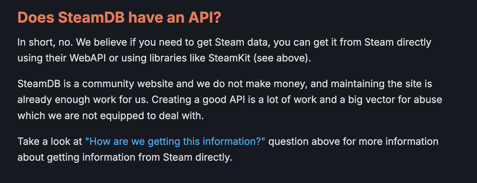 SteamDB FAQ screenshot telling that SteamDB does not have an API and recommending to use Steam's WebAPI directly