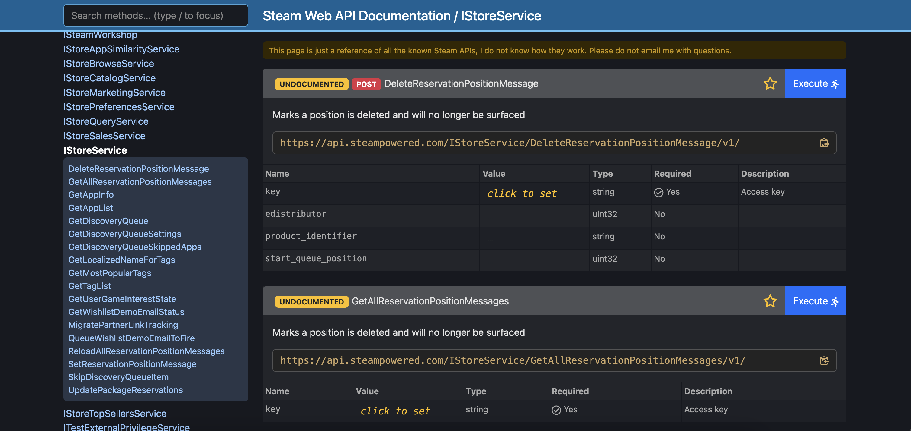 Steam Web API Documentation website