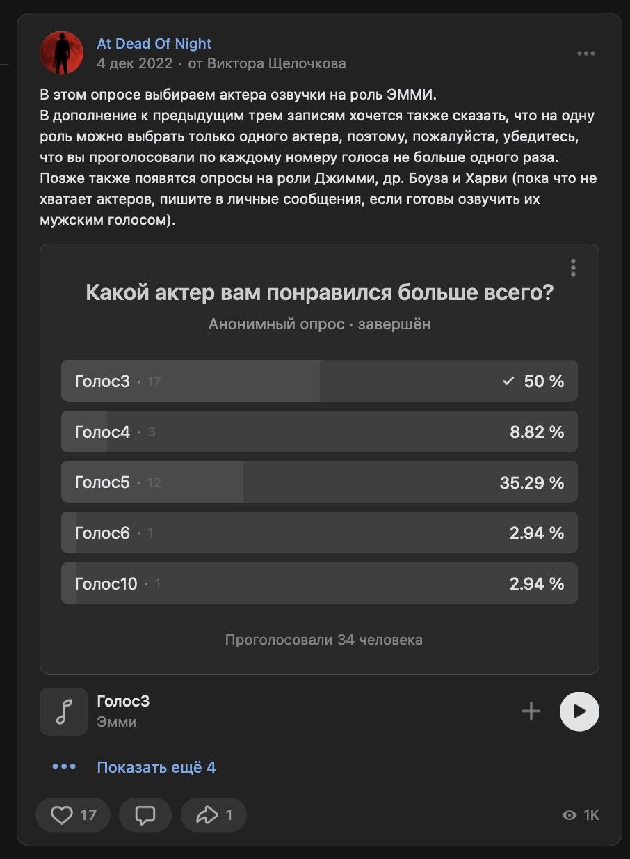 Скриншот с голосованием на сайте ВКонтакте с надписью "Какой актер вам понравился больше всего?"