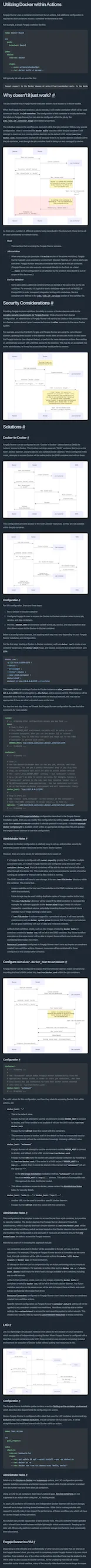 A long vertical screenshot of "Utilizing Docker within Actions" documentation by Forgejo