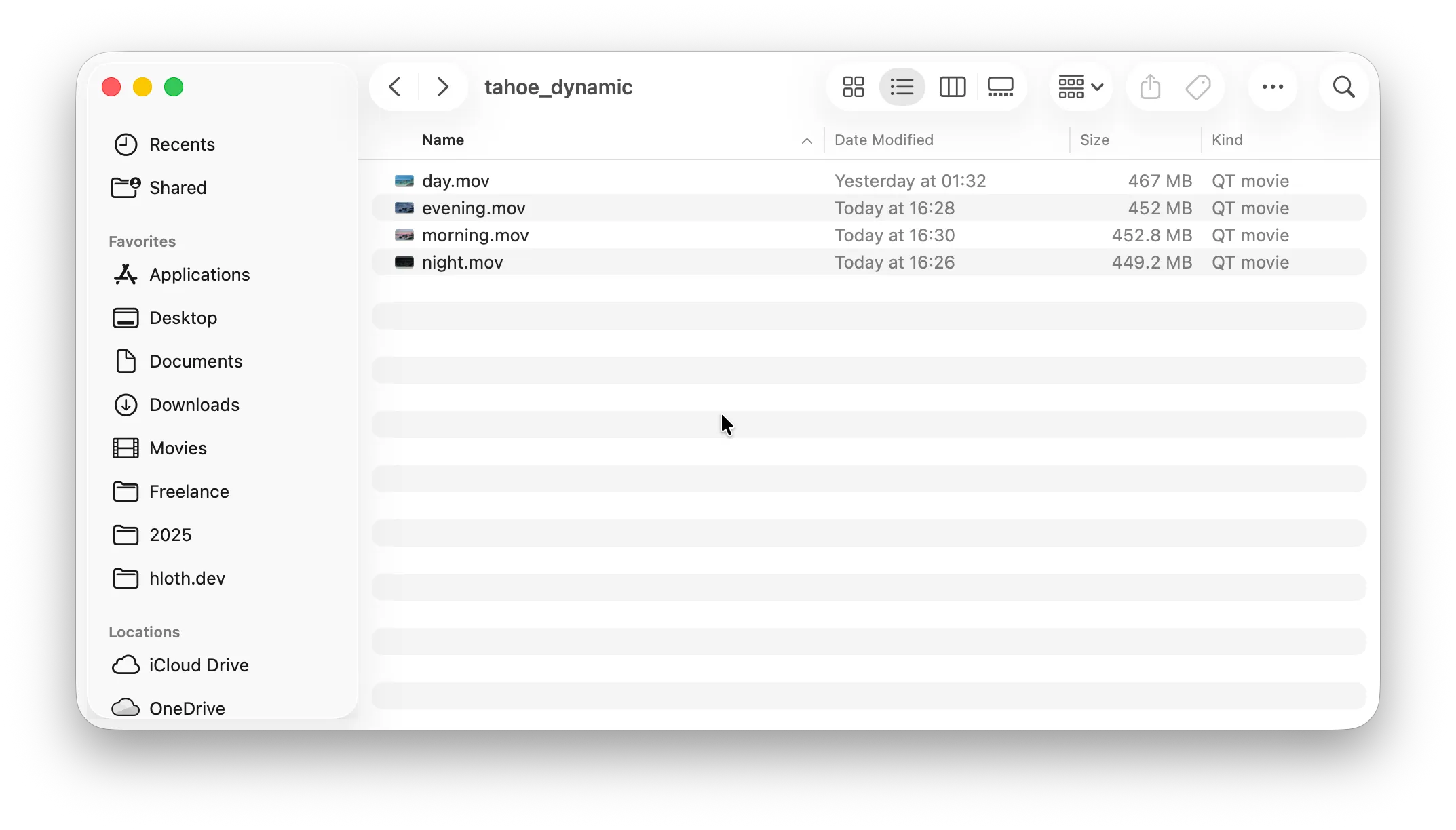 Finder app screenshot with "day.mov", "evening.mov", "morning.mov" and "night.mov" video files in "tahoe_dynamic" folder