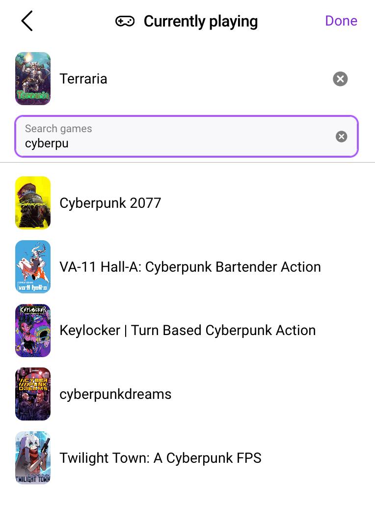 List of search results for "cyberpu" showing "Cyberpunk 2077" as the top result