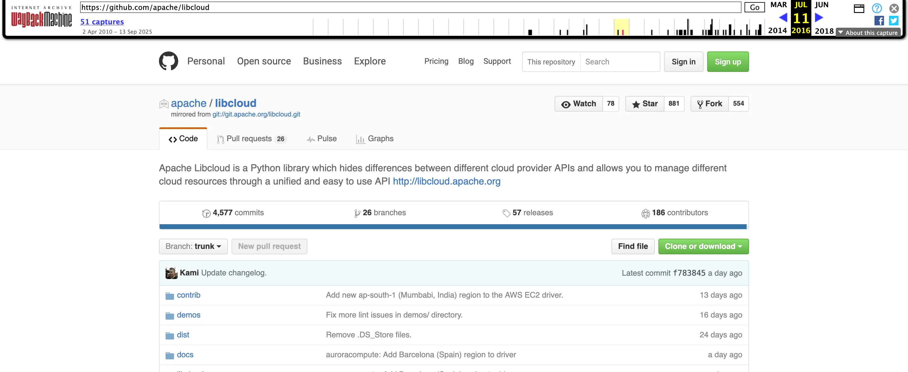 apache/libcloud repository on GitHub on July 11th, 2016 with "mirrored from" label under the name