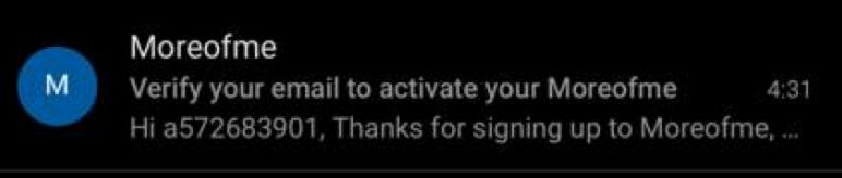 Email preview in Outlook: "Verify your email to active your Moreofme..."