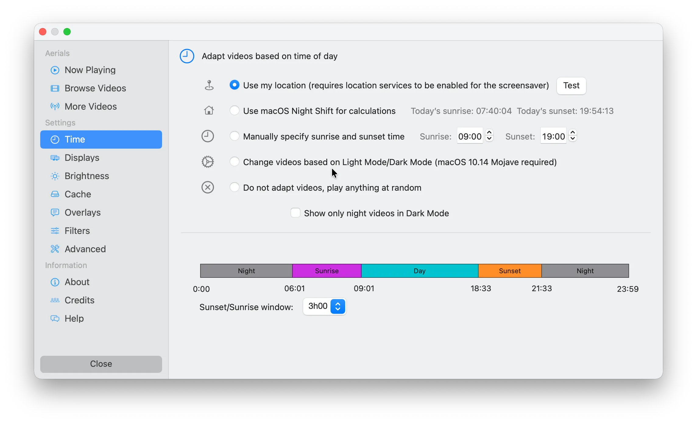 Aerial app screenshot with "Adapt videos based on time of day" settings